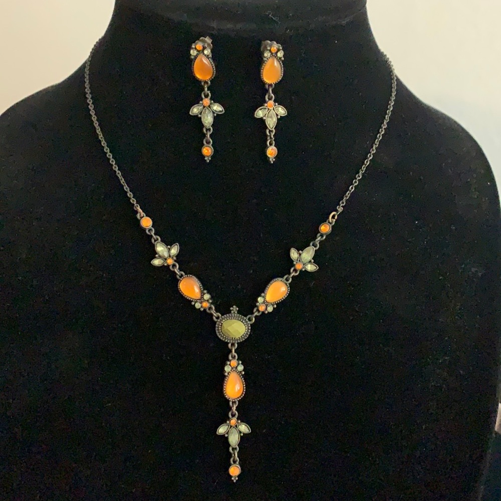 Necklace & Earrings Set w/ Green & Orange Jewels